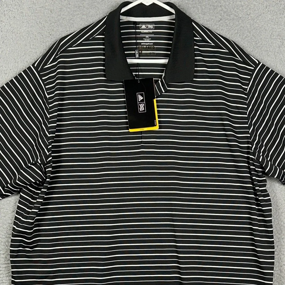 NEW Adidas Golf Polo Shirt Mens 2XL Black Climalite Striped Relaxed Fit Rugby